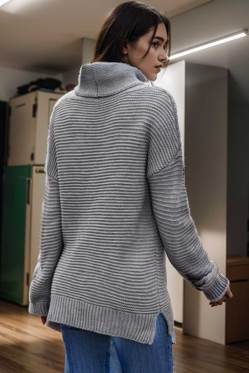 casual chunky knit mock neck long sleeve split pullover sweater 107229