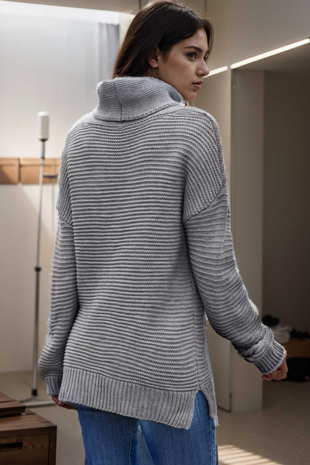 casual chunky knit mock neck long sleeve split pullover sweater 108743