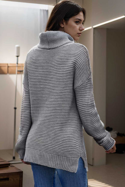 casual chunky knit mock neck long sleeve split pullover sweater 108743