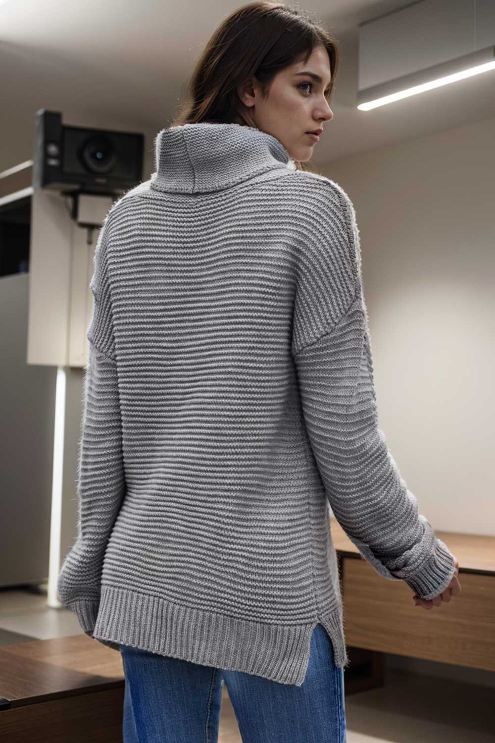 casual chunky knit mock neck long sleeve split pullover sweater 108742