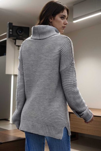 casual chunky knit mock neck long sleeve split pullover sweater 108742