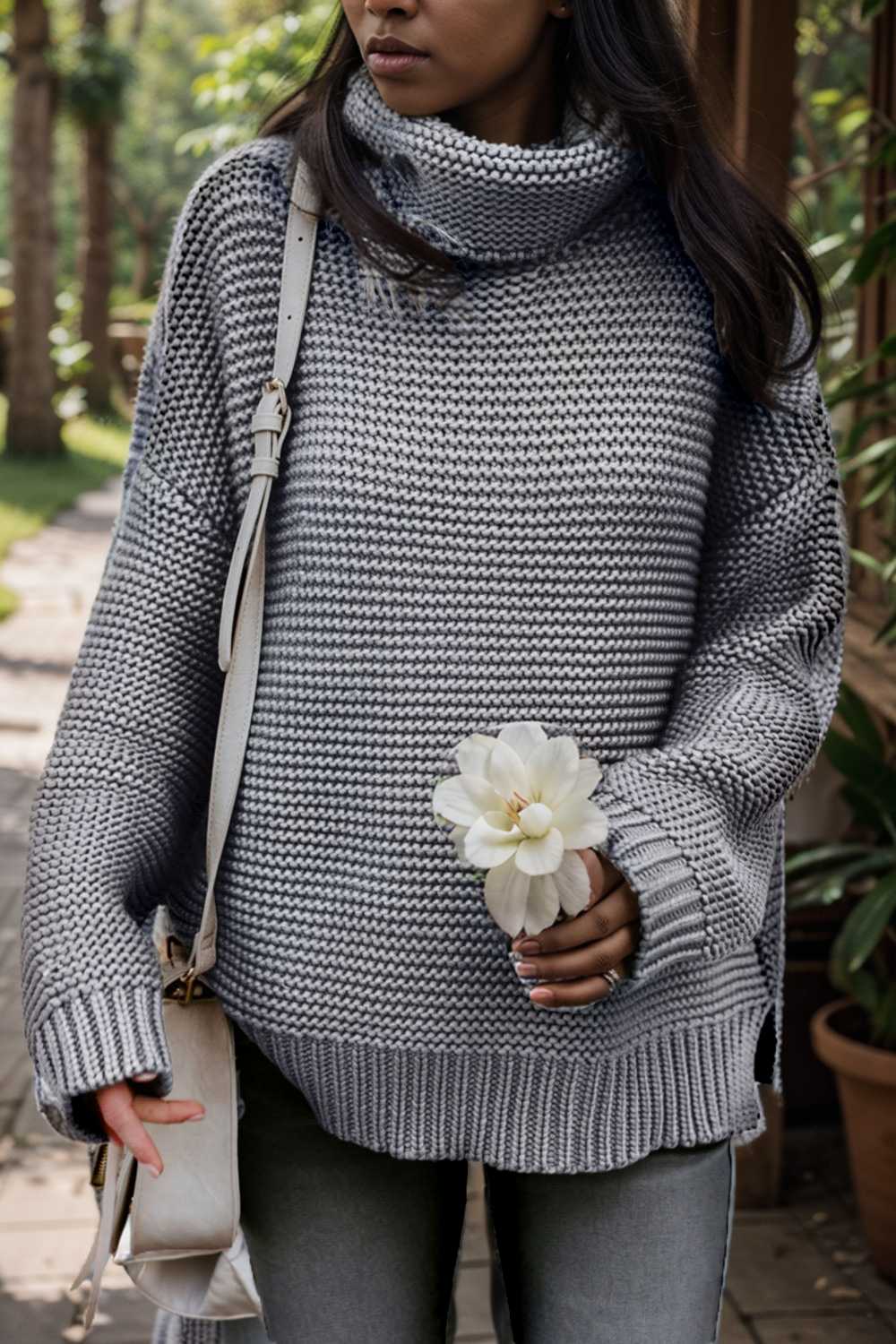casual chunky knit mock neck long sleeve split pullover sweater 106675