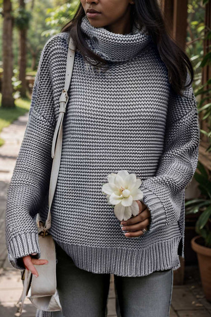 casual chunky knit mock neck long sleeve split pullover sweater 106675