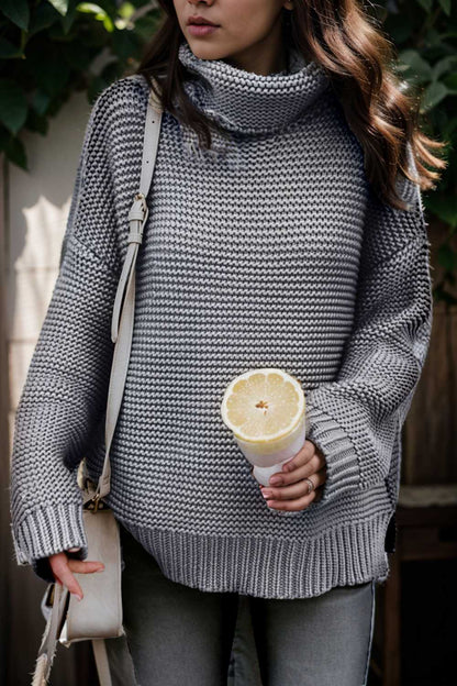 casual chunky knit mock neck long sleeve split pullover sweater 107228