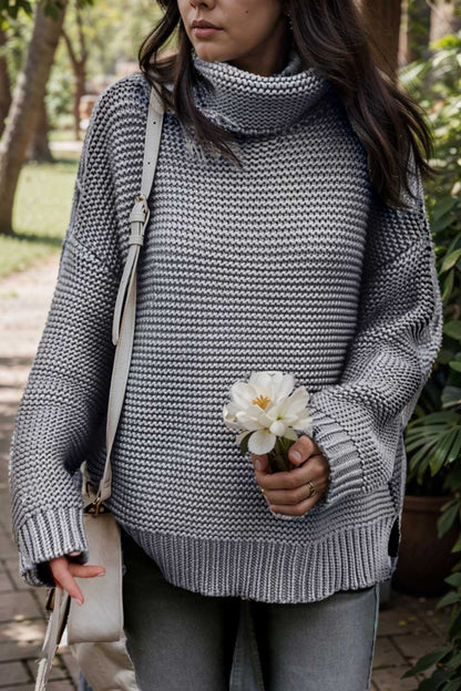 casual chunky knit mock neck long sleeve split pullover sweater 108741