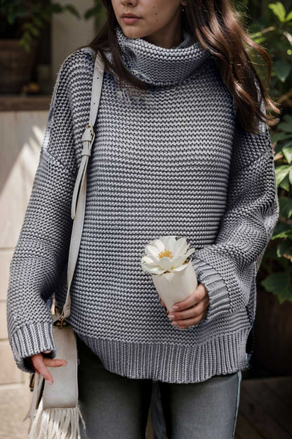 casual chunky knit mock neck long sleeve split pullover sweater 108740