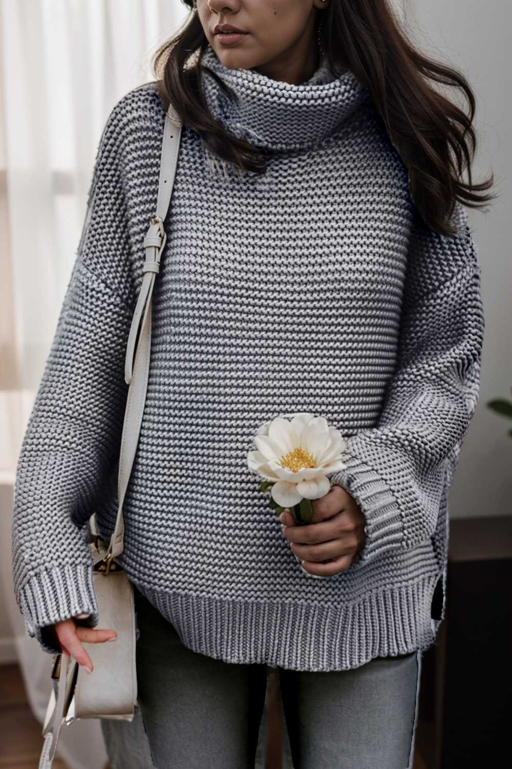 casual chunky knit mock neck long sleeve split pullover sweater 108739