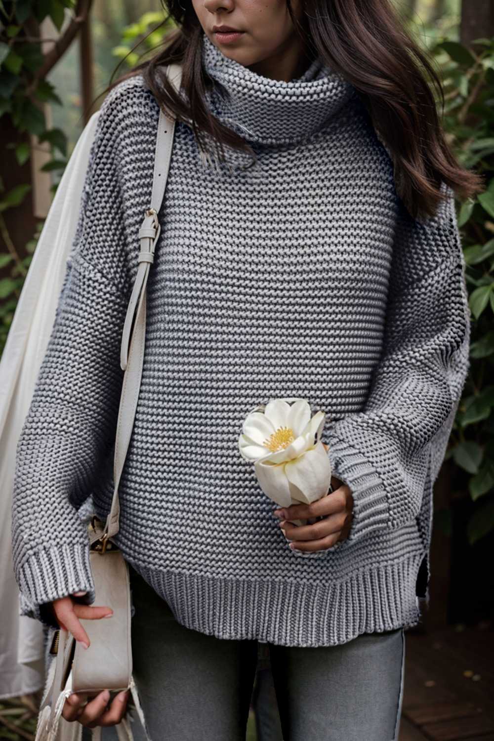 casual chunky knit mock neck long sleeve split pullover sweater 108738