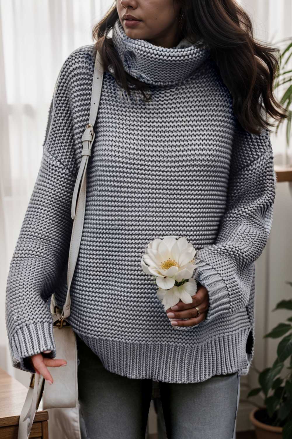 casual chunky knit mock neck long sleeve split pullover sweater 108737