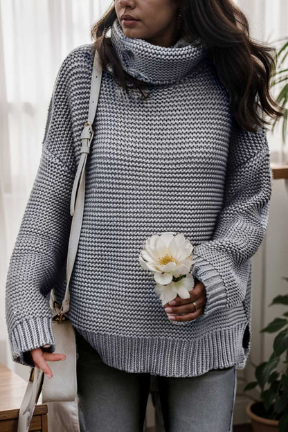 casual chunky knit mock neck long sleeve split pullover sweater 108737