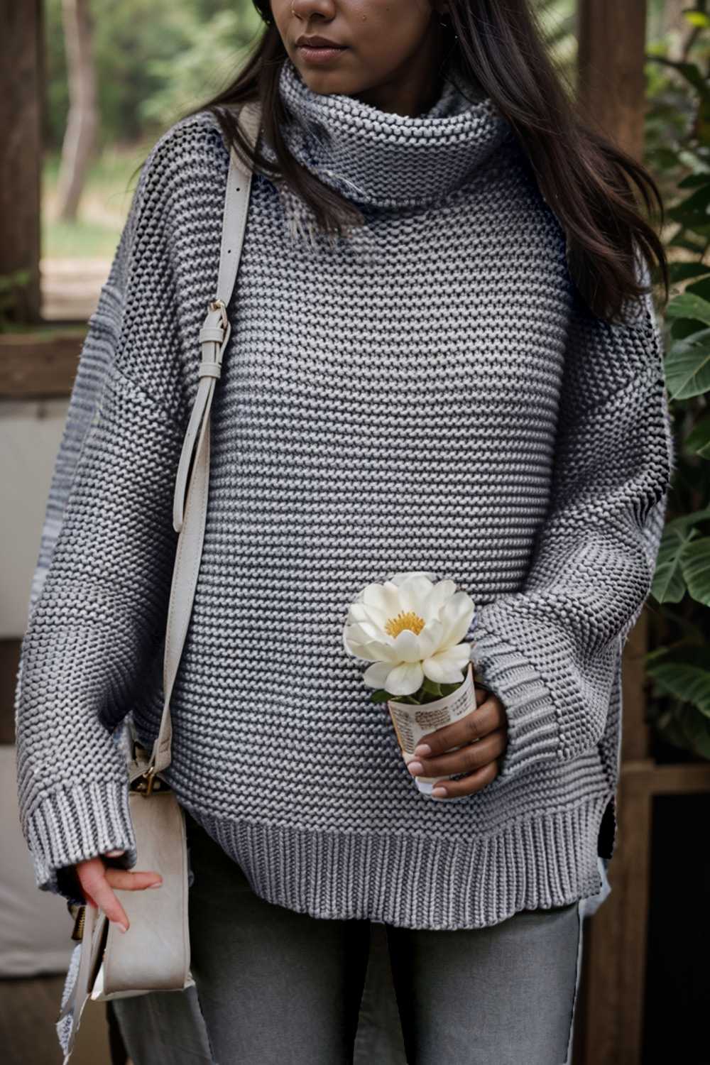 casual chunky knit mock neck long sleeve split pullover sweater 108736