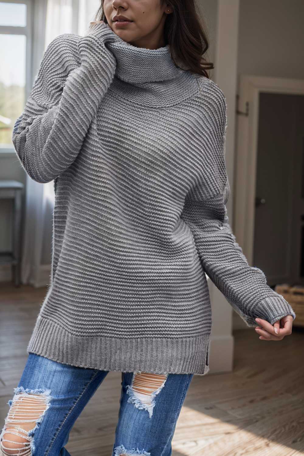 casual chunky knit mock neck long sleeve split pullover sweater 108734