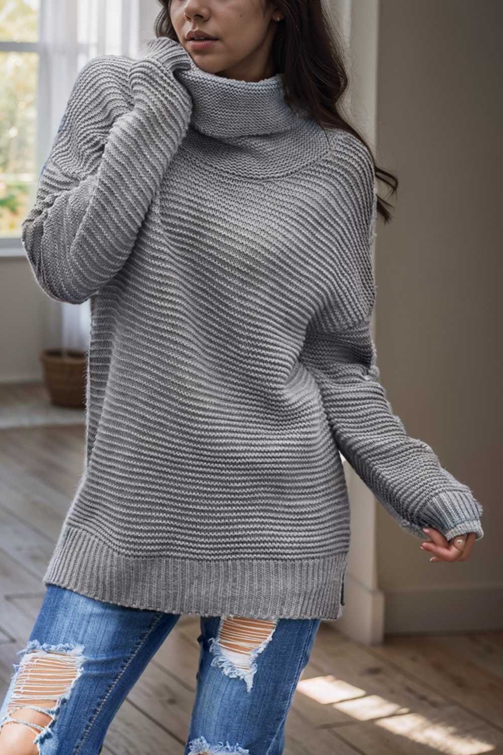 casual chunky knit mock neck long sleeve split pullover sweater 108732