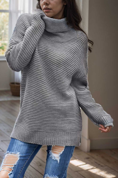 casual chunky knit mock neck long sleeve split pullover sweater 108732