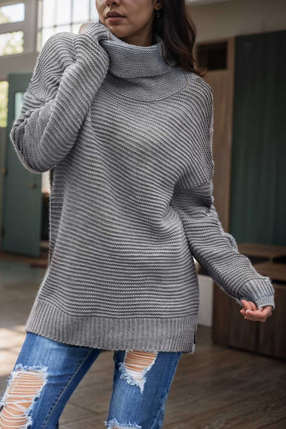 casual chunky knit mock neck long sleeve split pullover sweater 108731