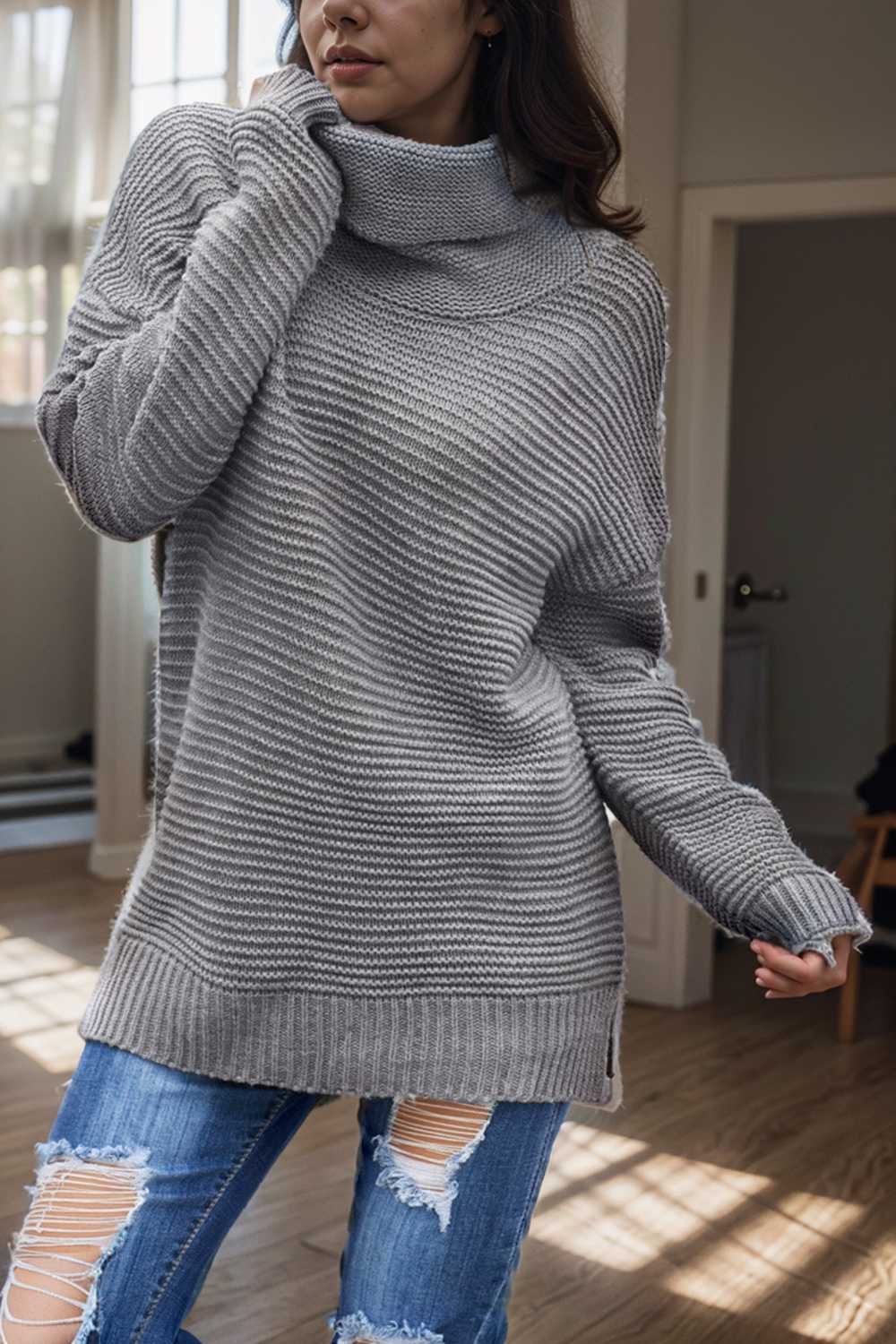 casual chunky knit mock neck long sleeve split pullover sweater 108730