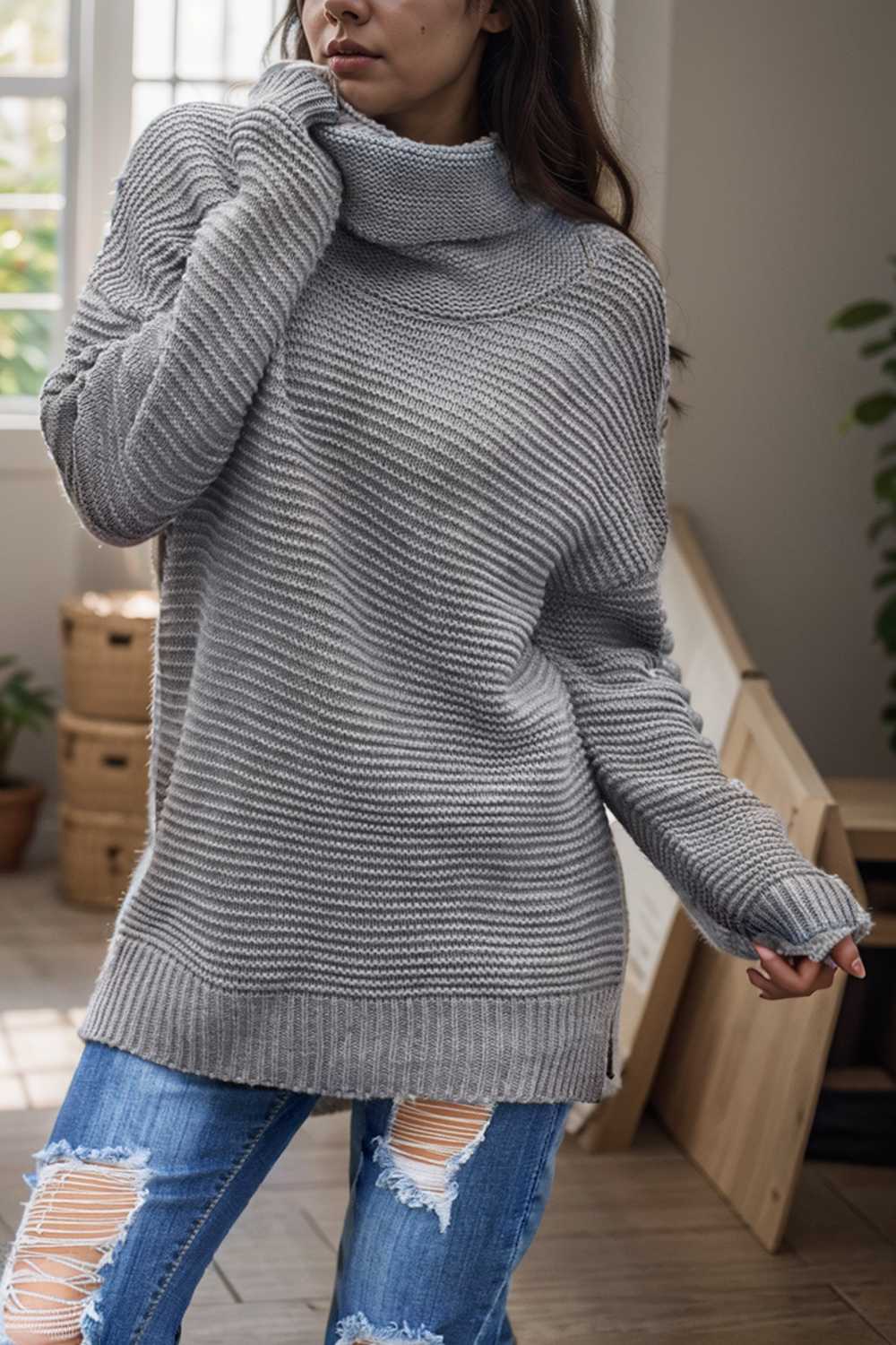 casual chunky knit mock neck long sleeve split pullover sweater 108729