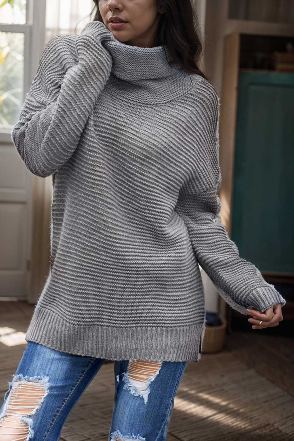 casual chunky knit mock neck long sleeve split pullover sweater 108728