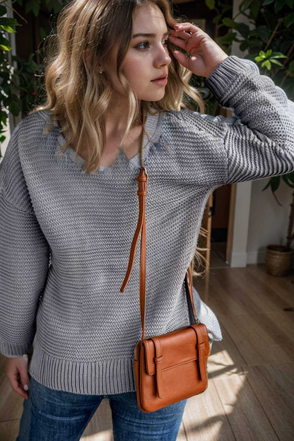 casual chunky knit mock neck long sleeve split pullover sweater 108997