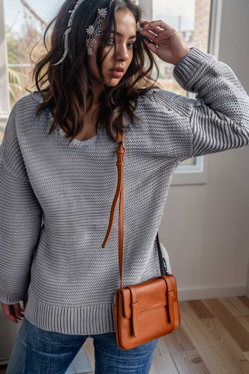 casual chunky knit mock neck long sleeve split pullover sweater 106014