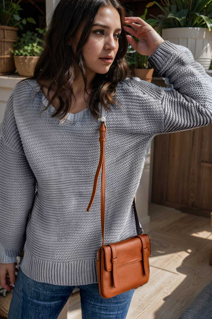 casual chunky knit mock neck long sleeve split pullover sweater 106011
