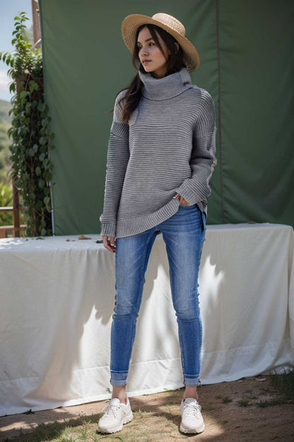 casual chunky knit mock neck long sleeve split pullover sweater 105601