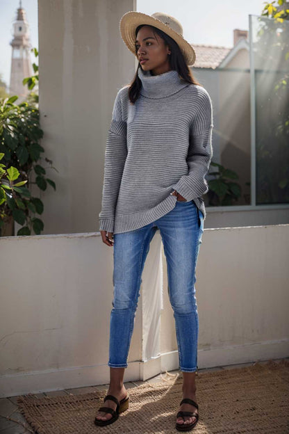casual chunky knit mock neck long sleeve split pullover sweater 108996