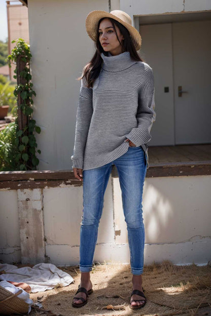 casual chunky knit mock neck long sleeve split pullover sweater 108720