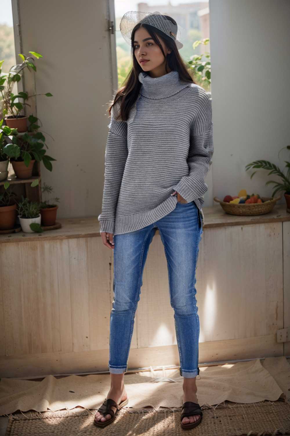 casual chunky knit mock neck long sleeve split pullover sweater 106672
