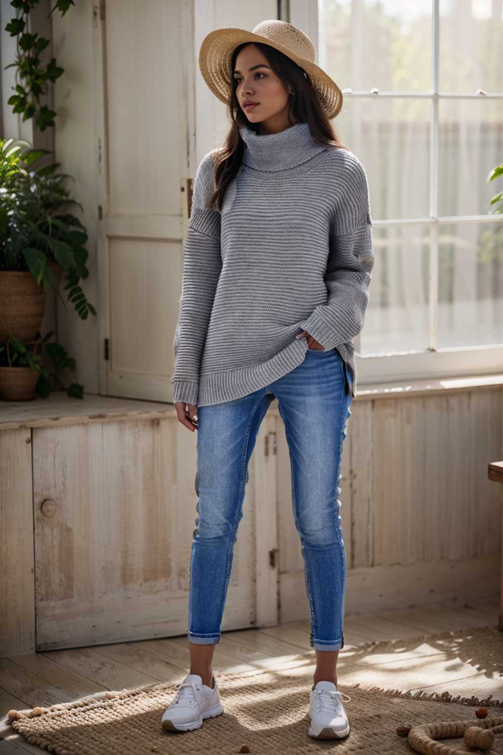 casual chunky knit mock neck long sleeve split pullover sweater 108512