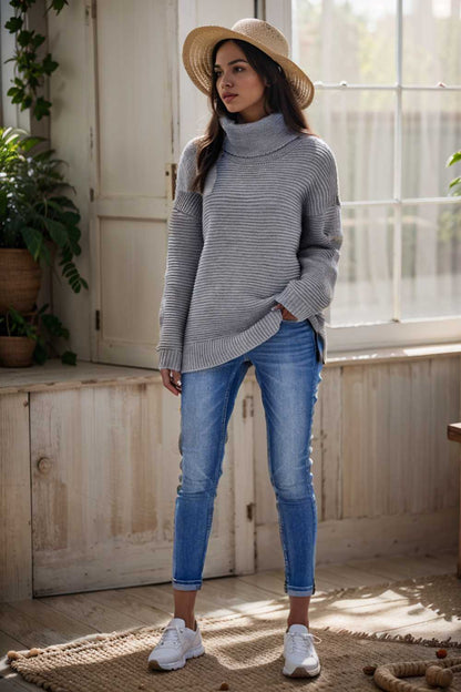 casual chunky knit mock neck long sleeve split pullover sweater 108512