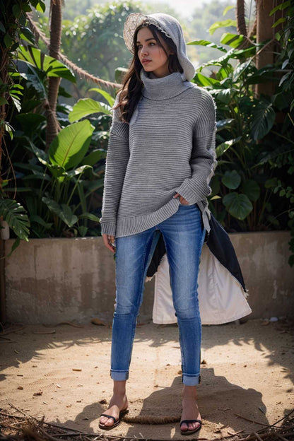 casual chunky knit mock neck long sleeve split pullover sweater 107226