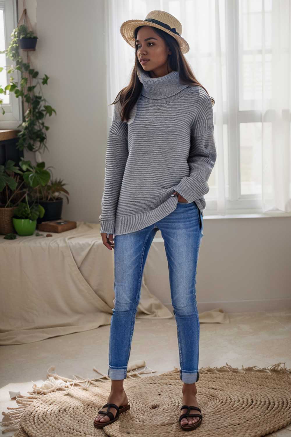 casual chunky knit mock neck long sleeve split pullover sweater 106005