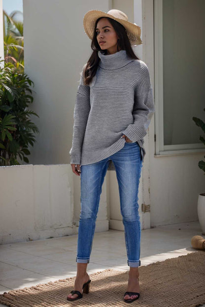 casual chunky knit mock neck long sleeve split pullover sweater 106004