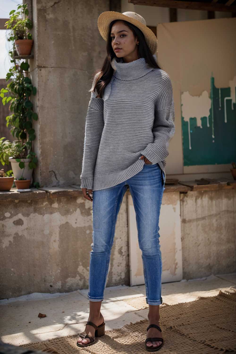 casual chunky knit mock neck long sleeve split pullover sweater 108718