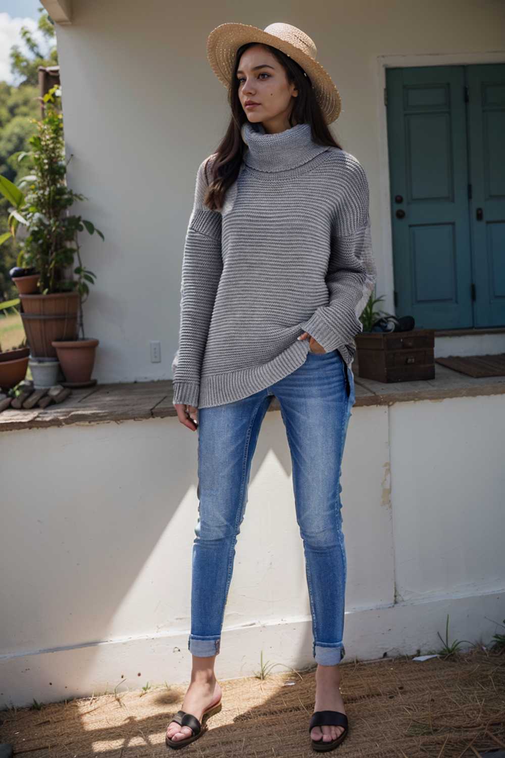 casual chunky knit mock neck long sleeve split pullover sweater 108717