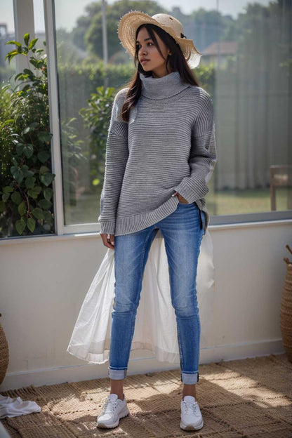 casual chunky knit mock neck long sleeve split pullover sweater 106003