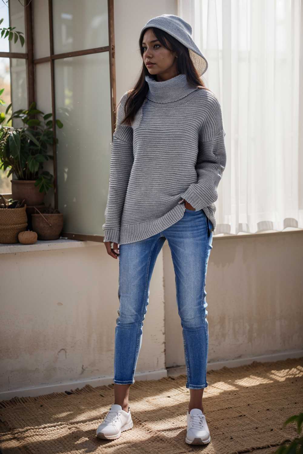 casual chunky knit mock neck long sleeve split pullover sweater 108716