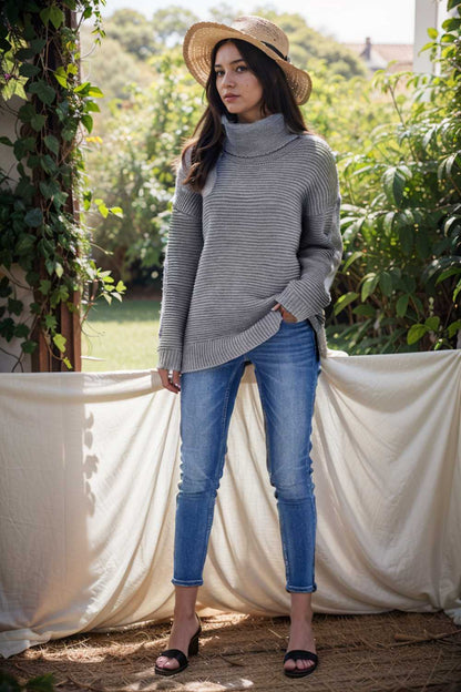 casual chunky knit mock neck long sleeve split pullover sweater 108715