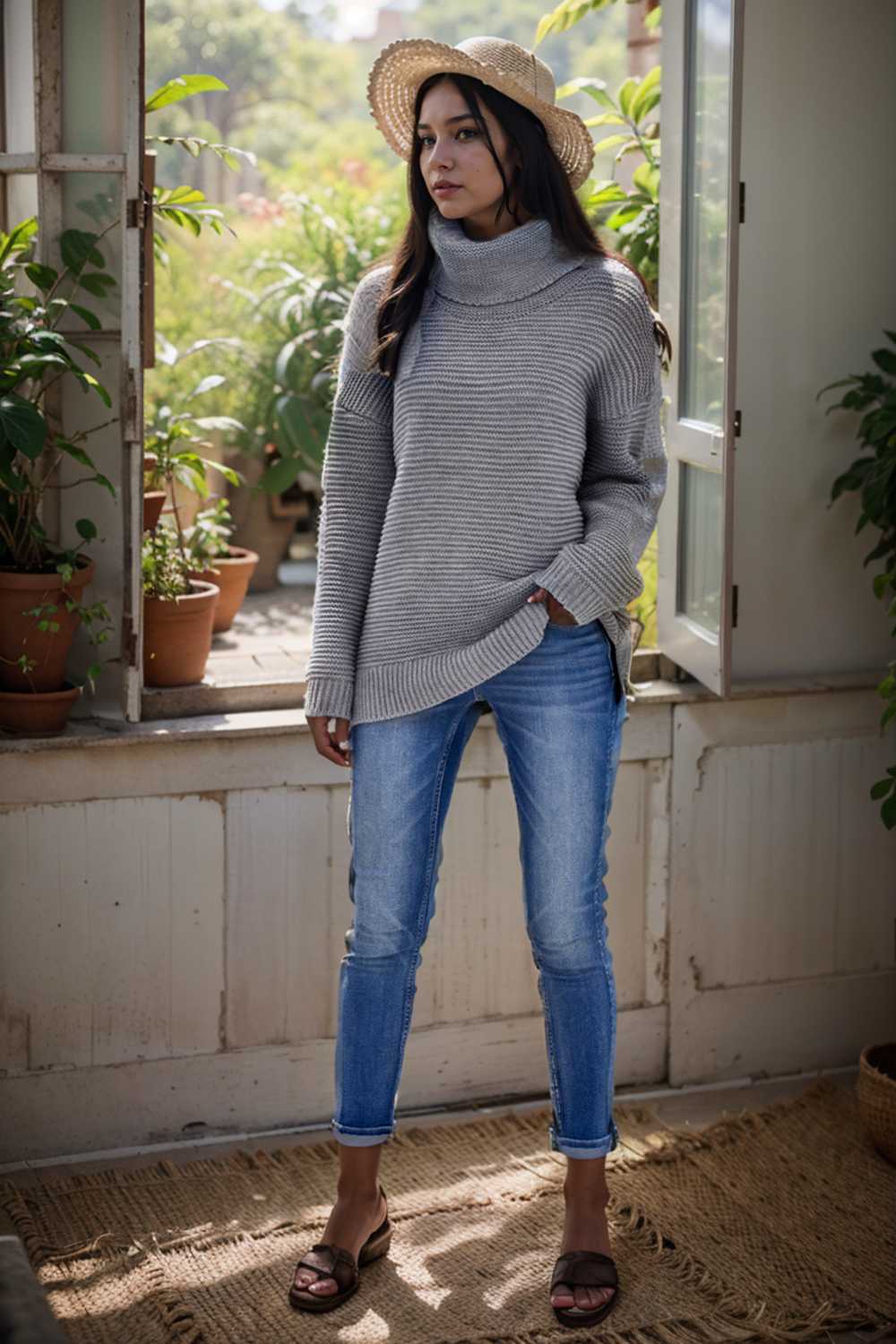 casual chunky knit mock neck long sleeve split pullover sweater 108714