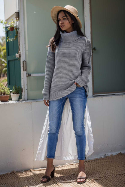 casual chunky knit mock neck long sleeve split pullover sweater 106000