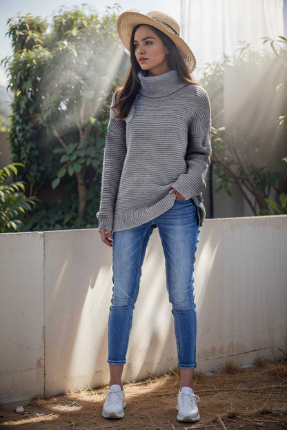 casual chunky knit mock neck long sleeve split pullover sweater 105999