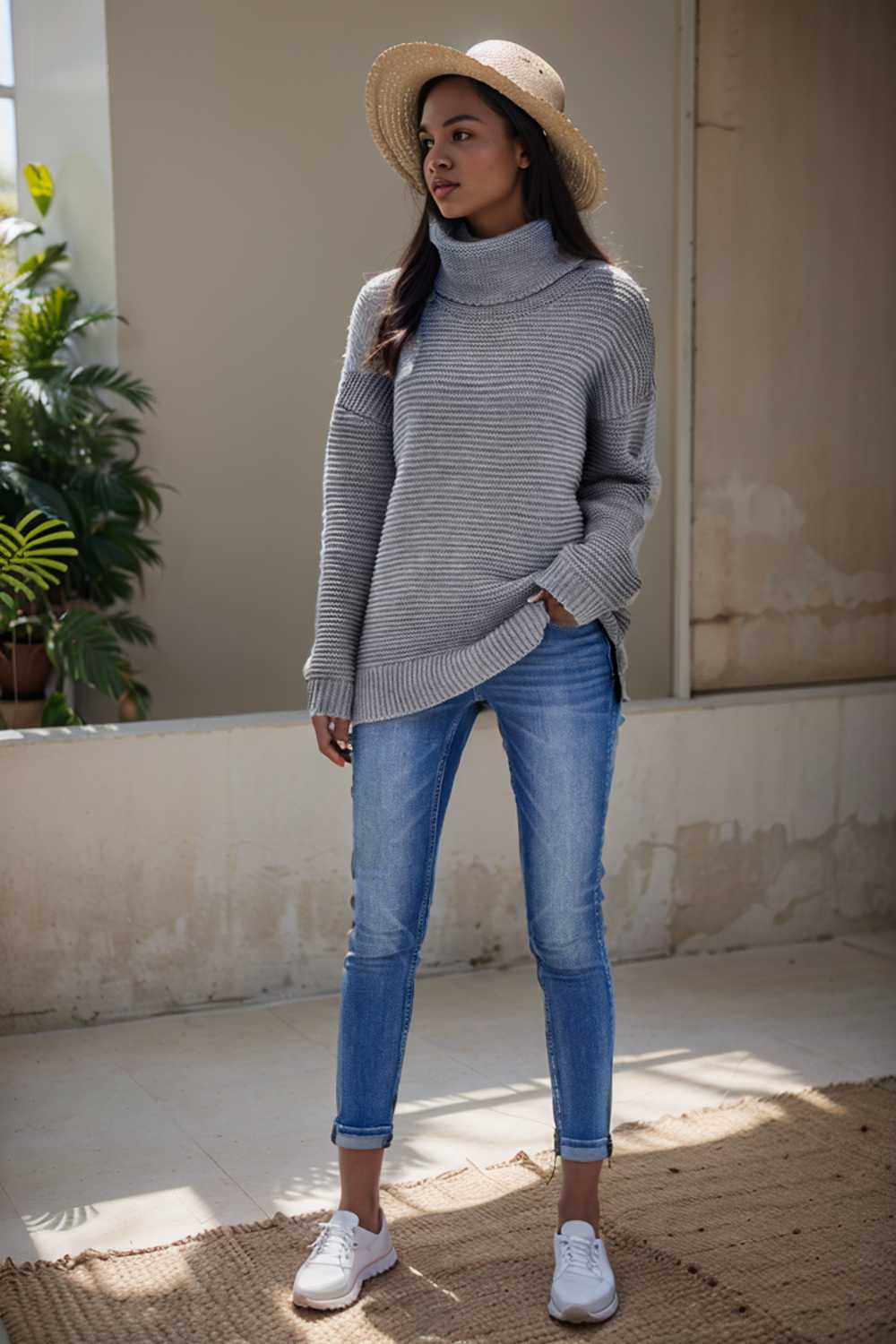 casual chunky knit mock neck long sleeve split pullover sweater 105998