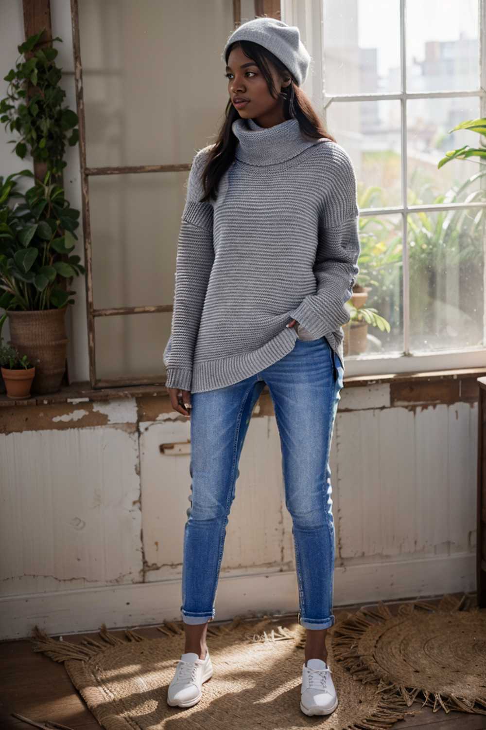 casual chunky knit mock neck long sleeve split pullover sweater 105997