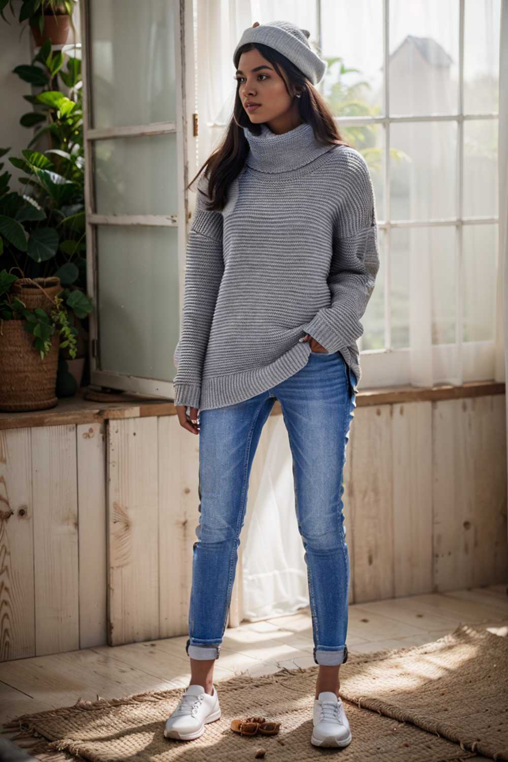 casual chunky knit mock neck long sleeve split pullover sweater 105996