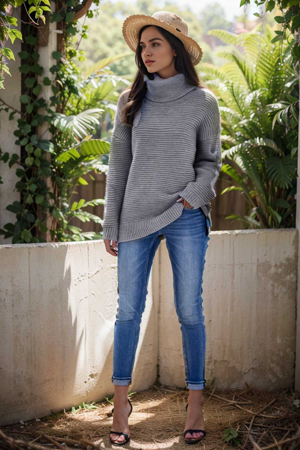 casual chunky knit mock neck long sleeve split pullover sweater 105995