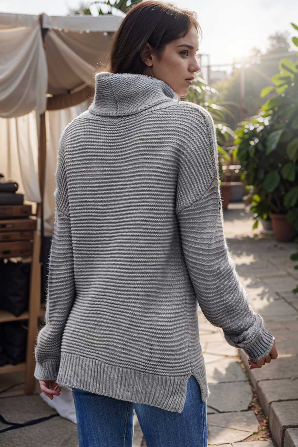 casual chunky knit mock neck long sleeve split pullover sweater 108713