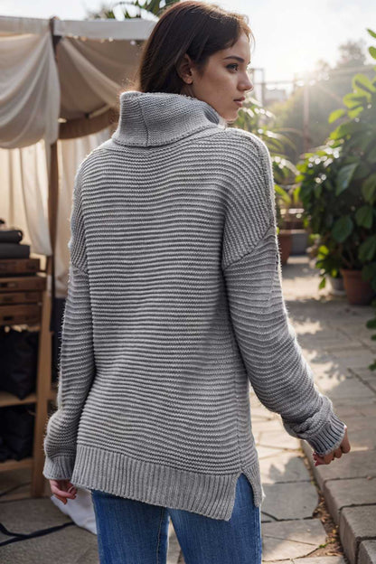 casual chunky knit mock neck long sleeve split pullover sweater 108713