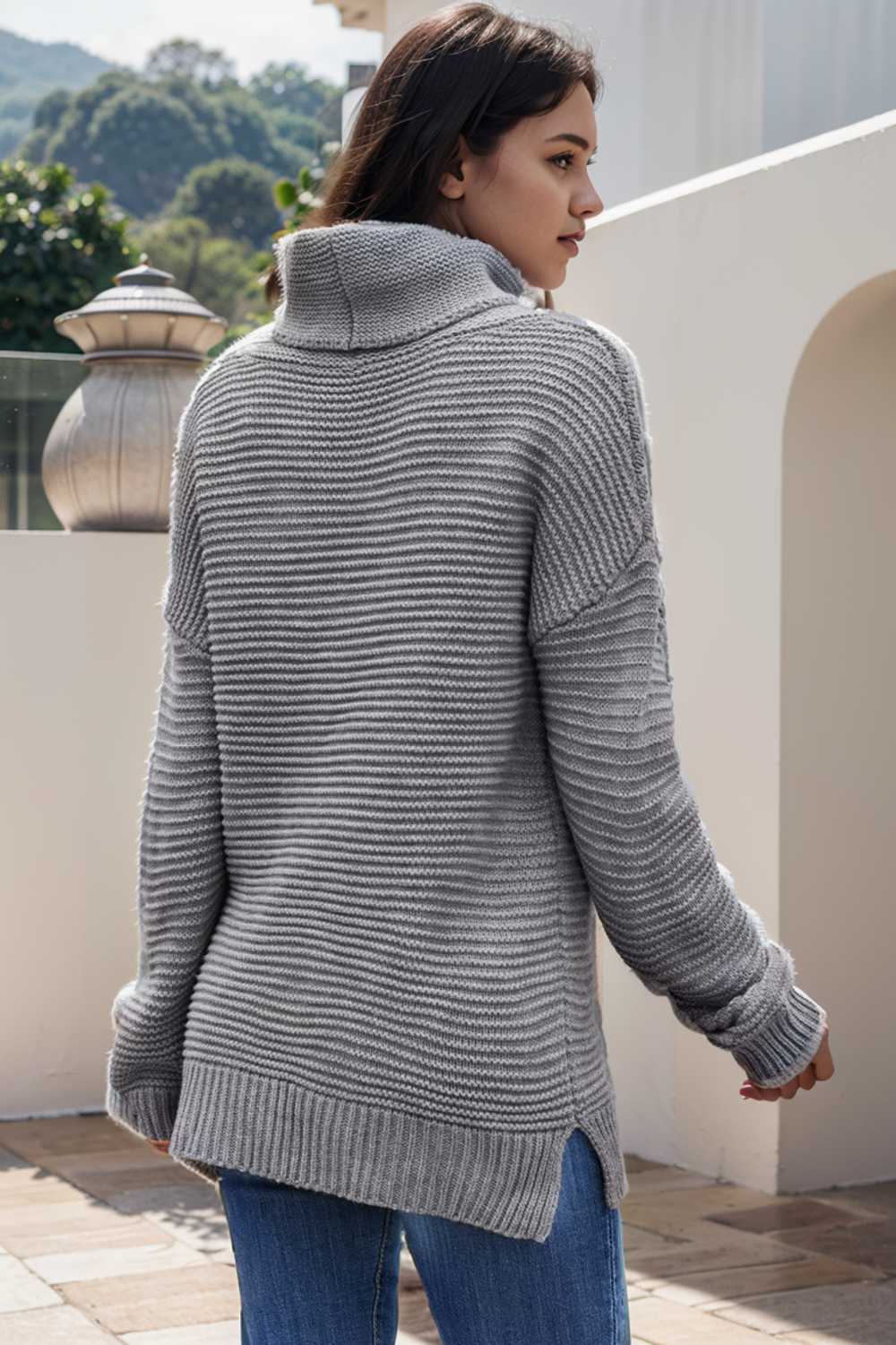 casual chunky knit mock neck long sleeve split pullover sweater 105600