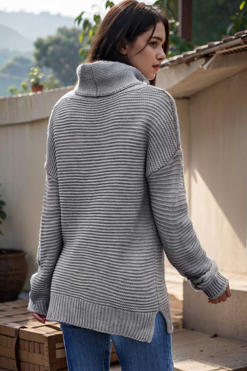 casual chunky knit mock neck long sleeve split pullover sweater 107224